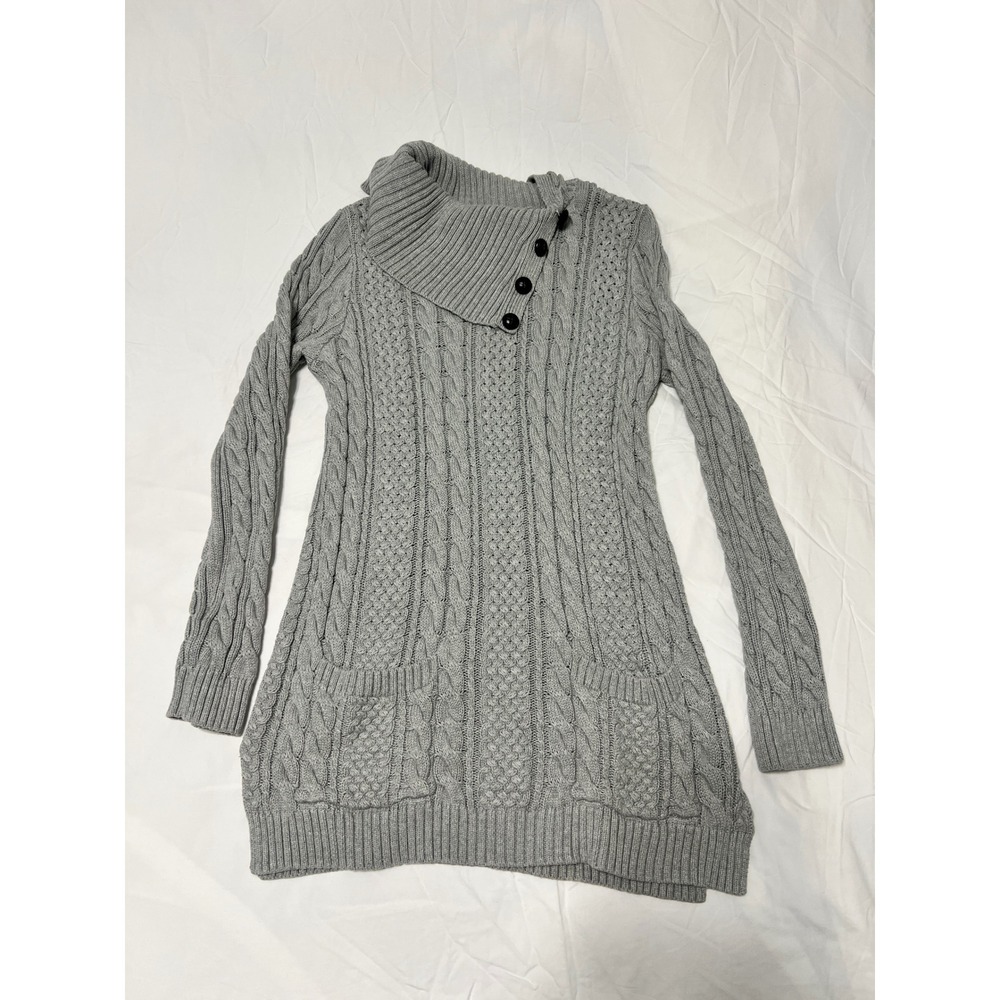 Jeanne Pierre Gray Cable Knit Tunic Sweater Cowl Neck Button Cotton Size M